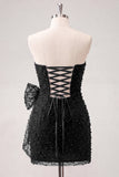 Vestido corto de bienvenida corto con lazo azul marino con cuentas y collar