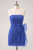 Vestido corto de bienvenida corto con lazo azul marino con cuentas y collar