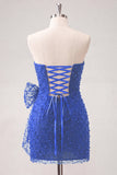 Vestido corto de bienvenida corto con lazo azul marino con cuentas y collar
