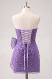 Vestido corto de bienvenida corto con lazo azul marino con cuentas y collar