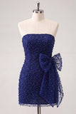 Vestido corto de bienvenida corto con lazo azul marino con cuentas y collar