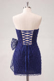 Vestido corto de bienvenida corto con lazo azul marino con cuentas y collar