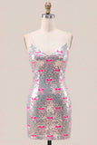 Vestido de bienvenida con tirantes finos rosa brillante y lentejuelas, bodycon con lazo