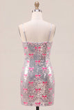 Vestido de bienvenida con tirantes finos rosa brillante y lentejuelas, bodycon con lazo