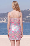 Vestido de bienvenida con tirantes finos rosa brillante y lentejuelas, bodycon con lazo