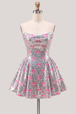Vestido de bienvenida rosa brillante de tirantes sin tirantes con lazos