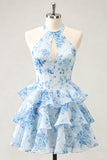 Vestido de bienvenida de fin de curso con escote de chiffon en capas con escote en fila de flor azul