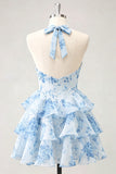 Vestido de bienvenida de fin de curso con escote de chiffon en capas con escote en fila de flor azul