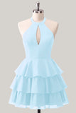 Vestido de bienvenida de fin de curso con escote de chiffon en capas con escote en fila de flor azul