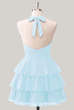 Vestido de bienvenida de fin de curso con escote de chiffon en capas con escote en fila de flor azul