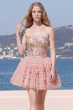 Vestido de bienvenida a casa con lentejuelas florales en A-Line rosa