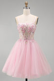 Corsé floral rosa A-Line Tirantes finos Lentejuelas, vestido corto de bienvenida con cuentas