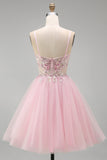 Corsé floral rosa A-Line Tirantes finos Lentejuelas, vestido corto de bienvenida con cuentas