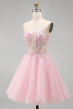 Corsé floral rosa A-Line Tirantes finos Lentejuelas, vestido corto de bienvenida con cuentas