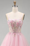 Corsé floral rosa A-Line Tirantes finos Lentejuelas, vestido corto de bienvenida con cuentas