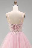Corsé floral rosa A-Line Tirantes finos Lentejuelas, vestido corto de bienvenida con cuentas