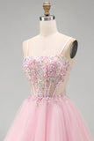 Corsé floral rosa A-Line Tirantes finos Lentejuelas, vestido corto de bienvenida con cuentas
