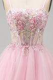 Corsé floral rosa A-Line Tirantes finos Lentejuelas, vestido corto de bienvenida con cuentas