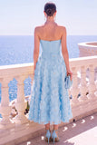 Vestido midi floral azul A-Line sin tirantes con apliques
