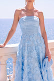 Vestido midi floral azul A-Line sin tirantes con apliques
