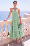 Vestido midi floral azul A-Line sin tirantes con apliques