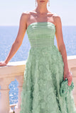 Vestido midi floral azul A-Line sin tirantes con apliques