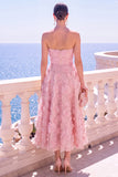 Vestido midi floral azul A-Line sin tirantes con apliques