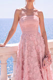 Vestido midi floral azul A-Line sin tirantes con apliques