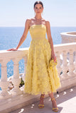 Vestido midi floral azul A-Line sin tirantes con apliques