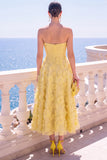 Vestido midi floral azul A-Line sin tirantes con apliques