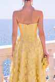 Vestido midi floral azul A-Line sin tirantes con apliques