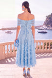 Vestido midi midi azul de línea descubierto con encaje en la espalda