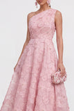 Vestido midi azul de un solo hombro con flores y abalorios