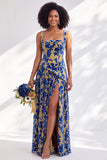 Corsé de terciopelo azul con cuello cuadrado y flor fruncido, vestido largo de dama de honor con abertura