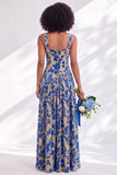 Corsé de terciopelo azul con cuello cuadrado y flor fruncido, vestido largo de dama de honor con abertura