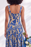 Corsé de terciopelo azul con cuello cuadrado y flor fruncido, vestido largo de dama de honor con abertura