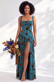 Corsé de terciopelo azul con cuello cuadrado y flor fruncido, vestido largo de dama de honor con abertura
