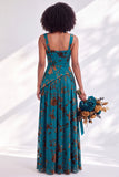 Corsé de terciopelo azul con cuello cuadrado y flor fruncido, vestido largo de dama de honor con abertura