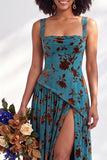 Corsé de terciopelo azul con cuello cuadrado y flor fruncido, vestido largo de dama de honor con abertura