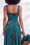 Corsé de terciopelo azul con cuello cuadrado y flor fruncido, vestido largo de dama de honor con abertura