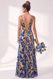 Vestido largo de dama de honor largo de terciopelo floral con cuello cuadrado sirena