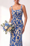 Vestido largo de dama de honor largo de terciopelo floral con cuello cuadrado sirena