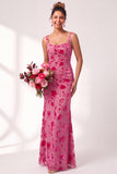 Vestido largo de dama de honor largo de terciopelo floral con cuello cuadrado sirena