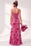 Vestido largo de dama de honor largo de terciopelo floral con cuello cuadrado sirena