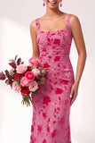 Vestido largo de dama de honor largo de terciopelo floral con cuello cuadrado sirena