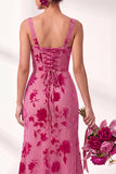 Vestido largo de dama de honor largo de terciopelo floral con cuello cuadrado sirena
