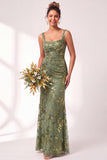Vestido largo de dama de honor largo de terciopelo floral con cuello cuadrado sirena