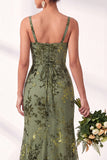 Vestido largo de dama de honor largo de terciopelo floral con cuello cuadrado sirena