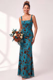 Vestido largo de dama de honor largo de terciopelo floral con cuello cuadrado sirena