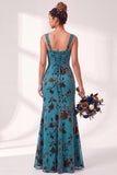Vestido largo de dama de honor largo de terciopelo floral con cuello cuadrado sirena